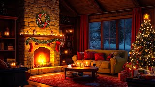 Relaxing Christmas Music Ambience w/ Crackling Fireplace 🎄 Cozy Christmas Cabin w/ Snow Falling