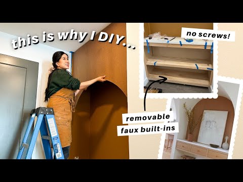 SMALL ENTRYWAY MAKEOVER! DIY BUILT-IN ARCH AND SHELVES *removable + renter-friendly*