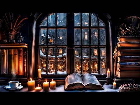 VICTORIAN TOWN WINTER SCENE-BOOK STORE WINDOW-SNOW FALLING-CANDLE LIGHT-COZY SOUNDS OF WINTER ASMR