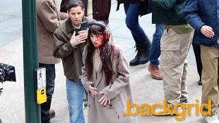 Dakota Johnson covered in fake blood while filming "Verity" with Josh Hartnett in New York, NY