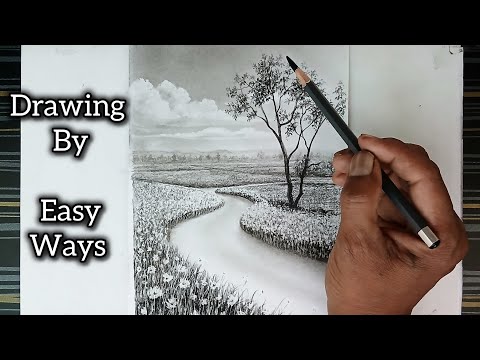 Pencil drawing of spring season landscape scenery step by step.