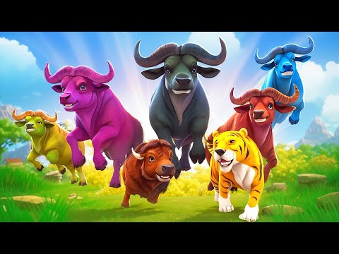 5 Color Buffaloes Save Farm Animals from a Wild Bison Attack - Epic Rescue Adventure! 🐂⚡