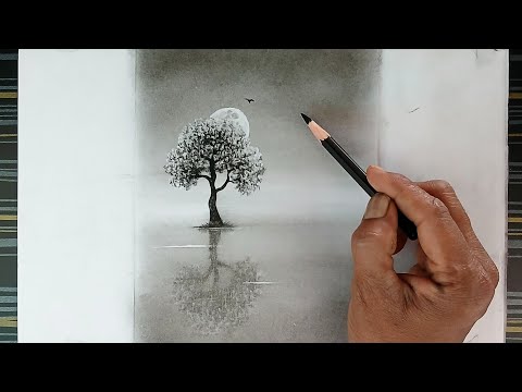 Pencil drawing of a tree in water landscape scenery .