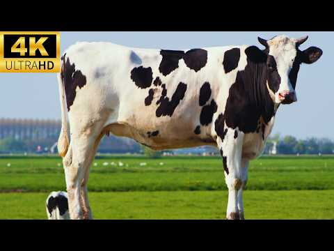 4K Black and white Cows | Holstein Cows Grazing in the field | Cow video with relaxing music