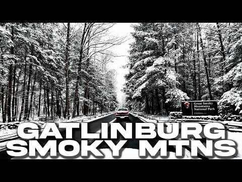 GATLINBURG TN: Snowy Ride Thru GATLINBURG & GREAT SMOKY MTNS NAT'L PARK Driving Through Snowfall