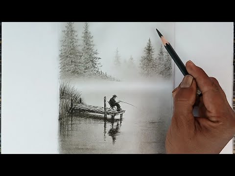 Pencil drawing of a scene of fishing in the evening on a lake.