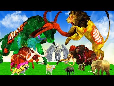 Woolly Mammoth Gorilla Cow Baby vs Lion Tiger Wolf Fusion Become Giant Zombie Fight Cow Cartoon Fun