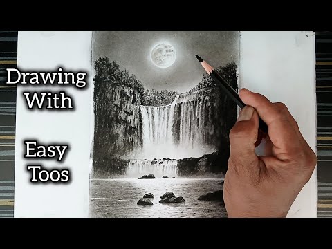 How to draw night mode waterfalls landscape scenery by simple tools.