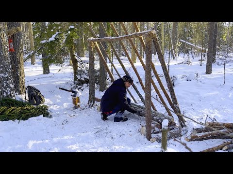 Three days in a cold winter forest!  Shelter for survival in the wild   From the beginning to the en