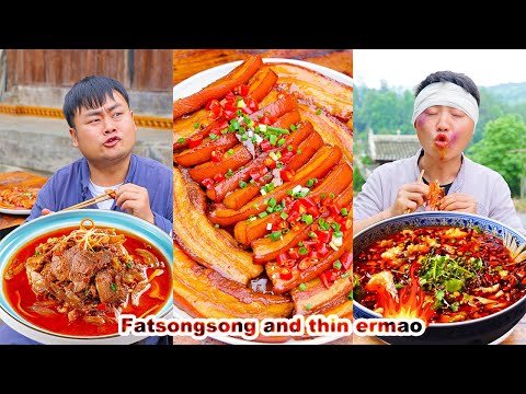 mukbang | Pork belly |  Large pieces of meat | beef bones  | Chinese food | songsong and ermao