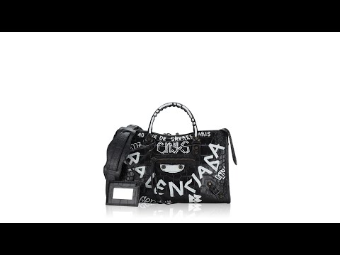 Balenciaga Croc Effect Classic Graffiti All Over Small City Black