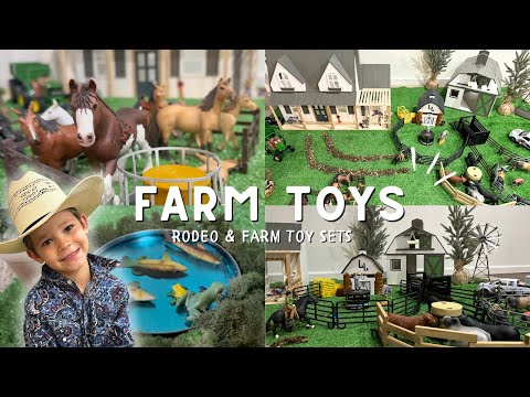 Little Cowboy Plays with Rodeo Farm Toys! BULLS/COW/TRACTOR/BARN/ANIMALS/LINCOLN LOGS/KIDS/TRUCK/PBR