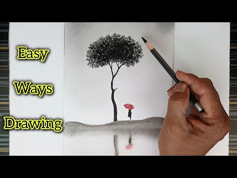 How to draw a tree landscape with umbrella girl.