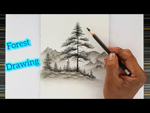 Mountains, foggy, trees, rocky mountains landscape drawing with pencil.