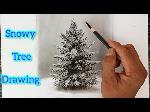 How to draw snowy tree with pencil and eraser step by step. christmas tree.