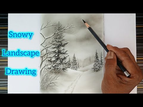 Snowy trees landscape drawing with pencil step by step /Christmas trees.