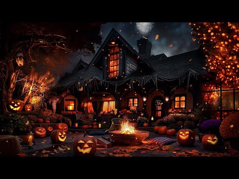 AUTUMN COZY HOME ASMR-CRACKLING FIREPIT- HALLOWEEN JACK O LANTERNS-PUMPKINS-FALL LEAVES-NIGHT SOUNDS