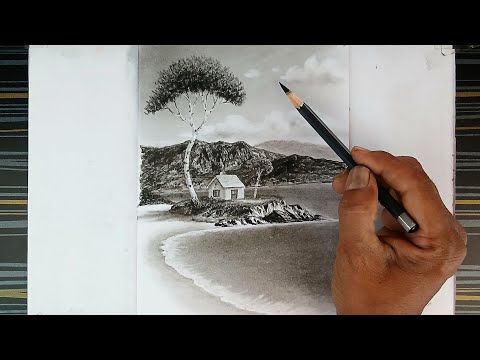 Beautiful pencil drawing of a beach landscape scenery with easy ways.