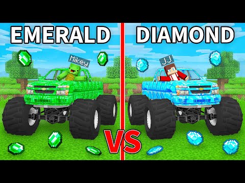 JJ's DIAMOND Monster Truck vs Mikey's EMERALD Monster Truck Build Battle in Minecraft - Maizen