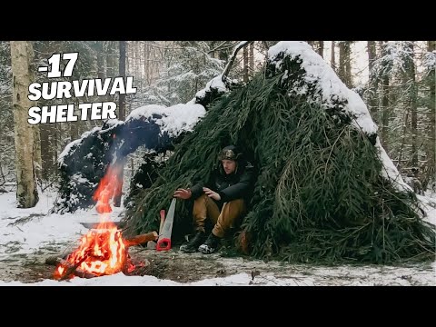 Winter SOLO BUSHCRAFT.  Shelter's construction for survival in wild forest . Solo hiking in forest!