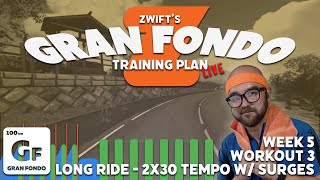 Zwift Workout: Gran Fondo Training Plan: Week 5, Workout 3 - The Long Ride - 2x30min Tempo w/ Surges