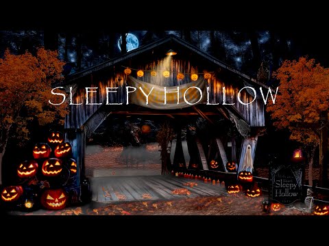 SLEEPY HOLLOW-HEADLESS HORSEMAN HALLOWEEN AMBIENCE-HAUNTED COVERED BRIDGE-GHOSTS-JACK O LANTERNS