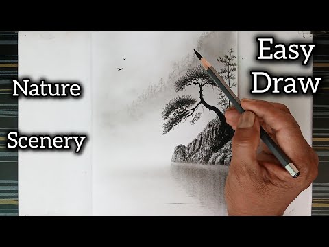 Landscape drawing with flying birds and magic of nature in mist by pencil / GP Like /