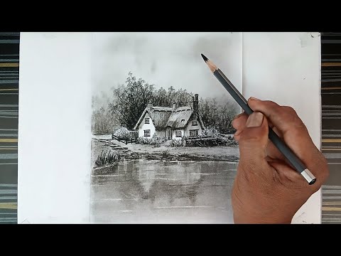 Fantastic cottage landscape drawing with pencil step by step.