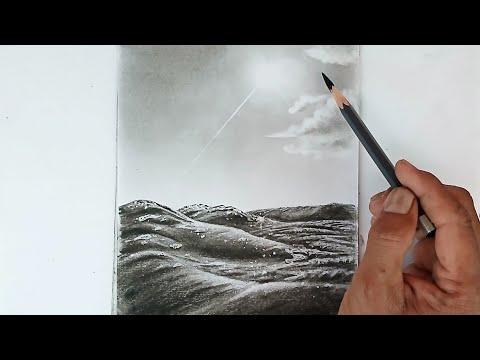 Landscape drawing of sun shining on sea surface step by step with pencil.