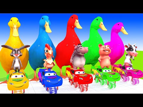 5 Giant Duck Cartoon,Cow,Mammoth,Elephant,Lion,Tiger Paint Wild Animals Crossing Fountain Animation