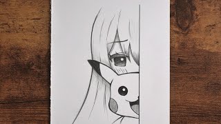 How to draw anime Girl with Pikachu | Easy cute anime Drawing for Beginners