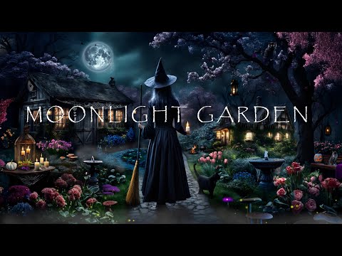 MOONLIGHT GARDEN-WITCH SPRING COTTAGE AMBIENCE-FIREFLIES-CRACKLING FIRE-WATER FOUNTAIN-COZY ASMR