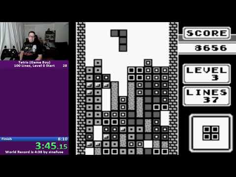 Tetris on Gameboy Speedrun - 100 lines in 7 mins 58 secs (level 0 start)