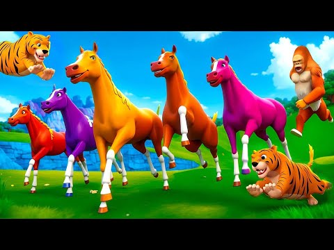 5 Color Horses vs Gorilla and Tigers: A Brave Farm Animal Rescue Mission Full of Action!