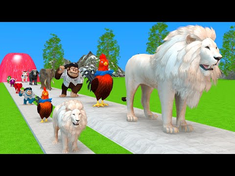 Paint & Animals Cow,Gorilla,Elephant,Giraffe,Tiger,Lion, Fountain Crossing Transformation Cartoon