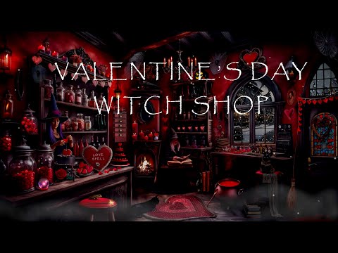 THE WITCHS HEART APOTHECARY SHOP-VALENTINES DAY-LOVE POTIONS-BUBBLING CAULDRON-MAGIC CATS-SNOW FALL