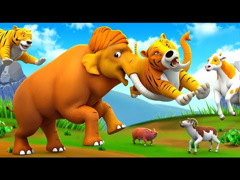 Epic Battle: Mammoth vs Tiger to Save Farm Animals – Cow, Horse, and Buffalo Rescue!