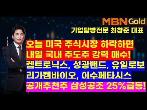 MBN골드(기업탐방 전문 최창준대표)오늘 미국 주식시장 하락하면 내일 국내주도주 강력매수! 켐트로닉스, 성광밴드, 유일로보리가켐바이오, 이수페타시스, 공개추천주 삼성공조25%급등