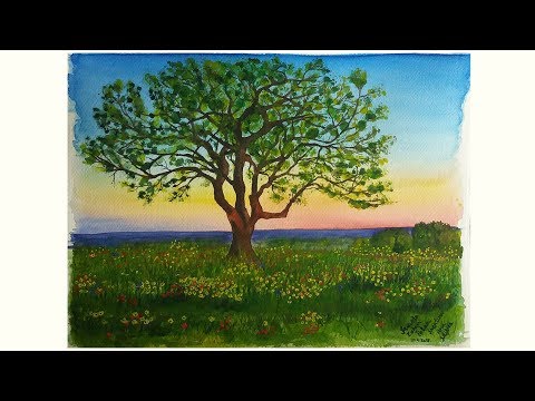 Watercolor Painting: A Tree in the Meadow | Speedpainting