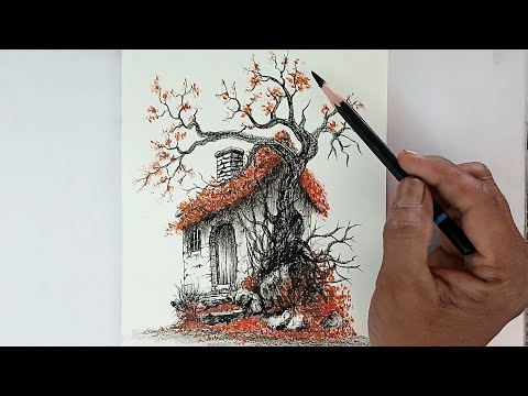 How to draw a hut and tree by pencils/ Drawing for beginners.