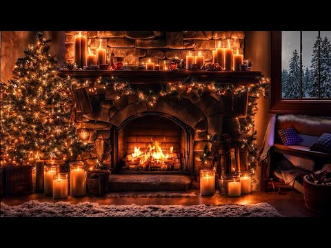 CHRISTMAS FIREPLACE AMBIENCE-COZY CABIN LIVING ROOM-SNOW FALL-CANDLES-CRACKLING FIRE-WINTER ASMR