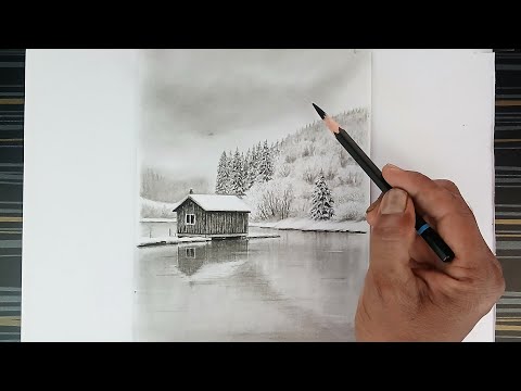 How to draw beautiful nature view landscape with charcoal pencil.