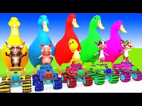 5 Giant Duck Cartoon, Cow, Mammoth, Elephant, Lion, Paint Wild Animals Crossing Fountain Animation