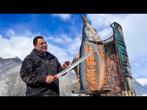 Homemade Grill For A Huge Sturgeon Fish! Harsh Winter in the Village of Azerbaijan