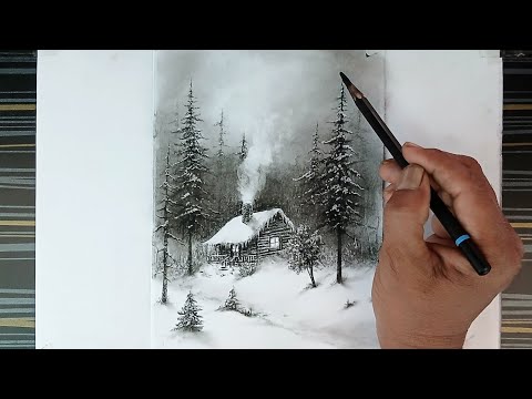 Snowy nature view landscape drawing by pencil with easy ways.