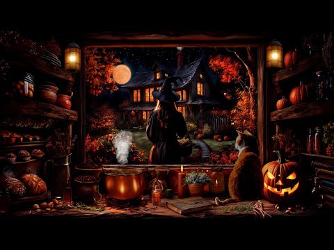 HALLOWEEN WITCH COTTAGE AMBIENCE-PUMPKINS-FALLING LEAVES-AUTUMN SEASON-HARVEST MOON-COZY FALL ASMR