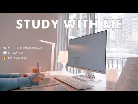 2-HOUR STUDY WITH ME Pomodoro 25/5 with Snow | No Music [with Fire Crackling 🔥]