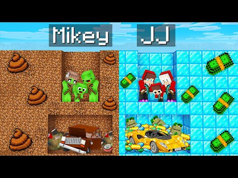 JJ's DIAMOND PIT vs Mikey's DIRT Family PIT Battle in Minecraft - Maizen