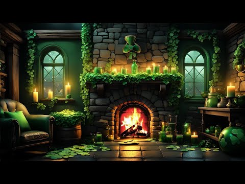 ST PATRICKS DAY FIREPLACE AMBIENCE-COZY GREEN LIVING ROOM- SOOTHING FIREPLACE SOUNDS ONLY-RELAX ASMR