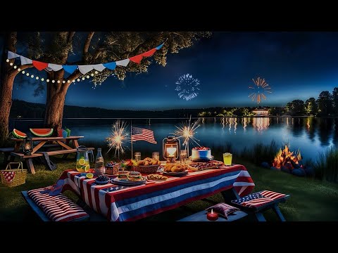 MEMORIAL DAY AMBIENCE-LAKESIDE PICNIC-SUMMER NIGHT-FIREWORKS-CAMPFIRE & SOFT LAKE SOUNDS-AMERICANA